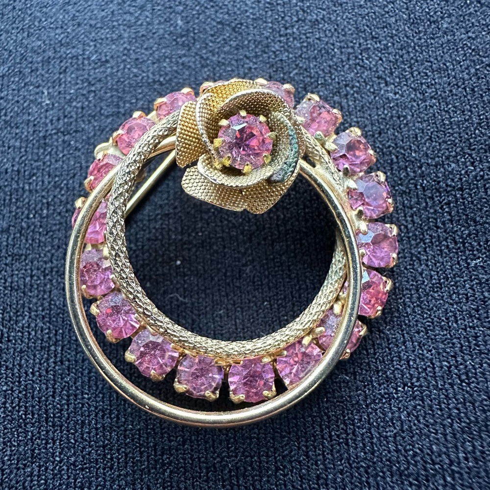 Vintage Costume Gold Tone and Pink Floral Brooch